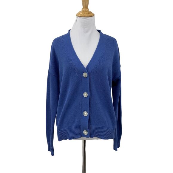 Loft Ann Taylor Cardigan Womens S Small Cadet Blue Cotton Big Button Ribbed Trim - Picture 1 of 14